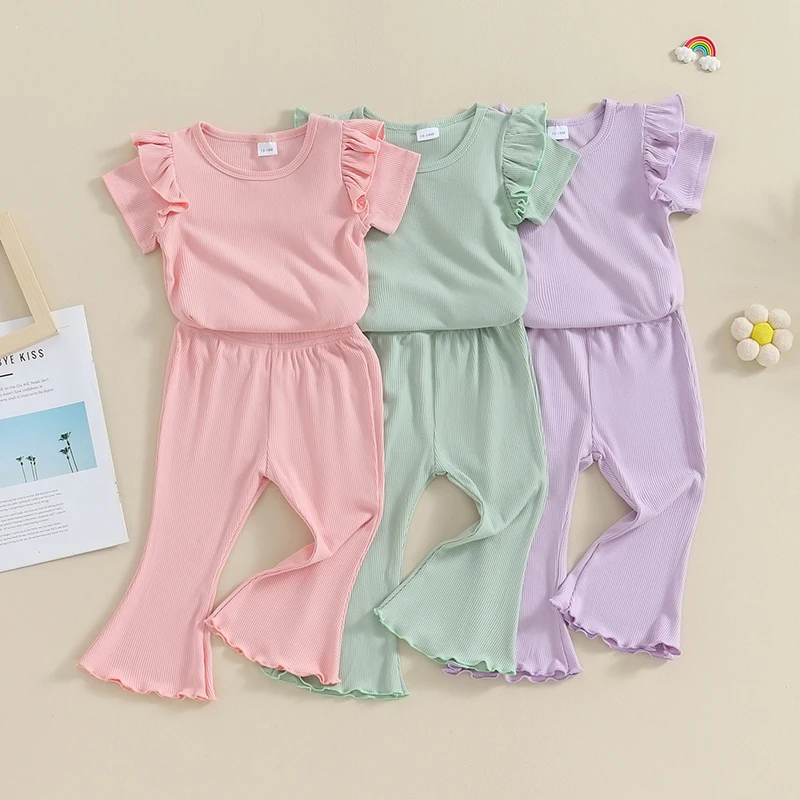 SUNSIOM Toddler Girls Summer Outfits Fly Sleeve Solid Color Rib T-Shirts Tops Elastic Waist Flare Pants 2Pcs Clothes Set