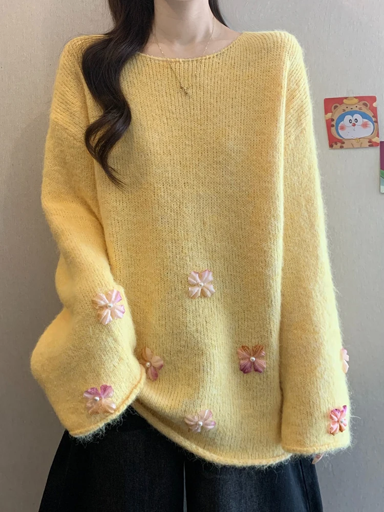 Zoete bloemen chique trui dames O-hals schattige gebreide truien met lange mouwen mode preppy stijl losse luie wind dame herfst trui