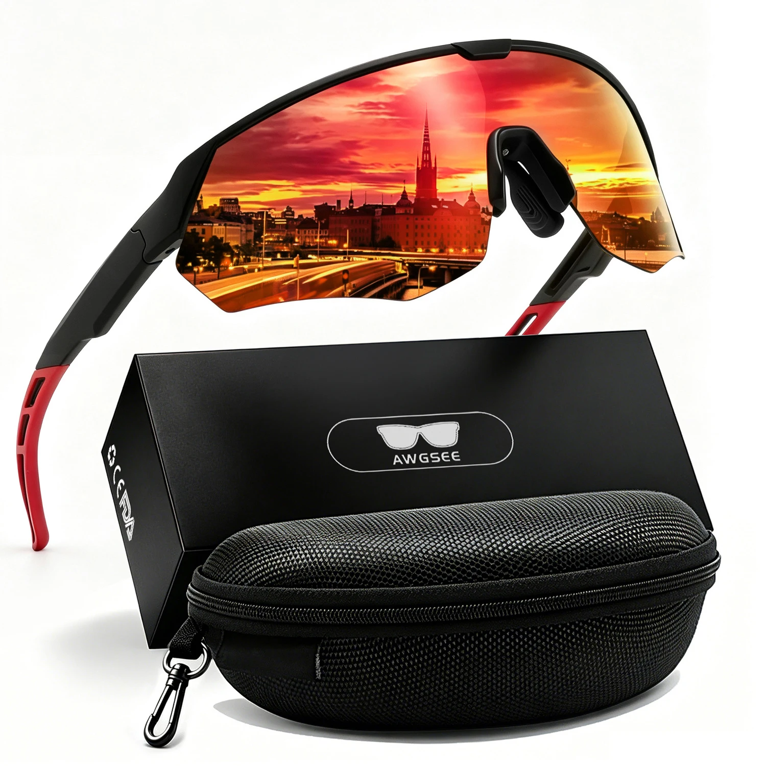 AWGSEE Cycling Polarized Half Frame Sports Sunglasses for Men Women TR90 Temple TAC 1.1mm Lens Adjustable Nose Pad Case Box