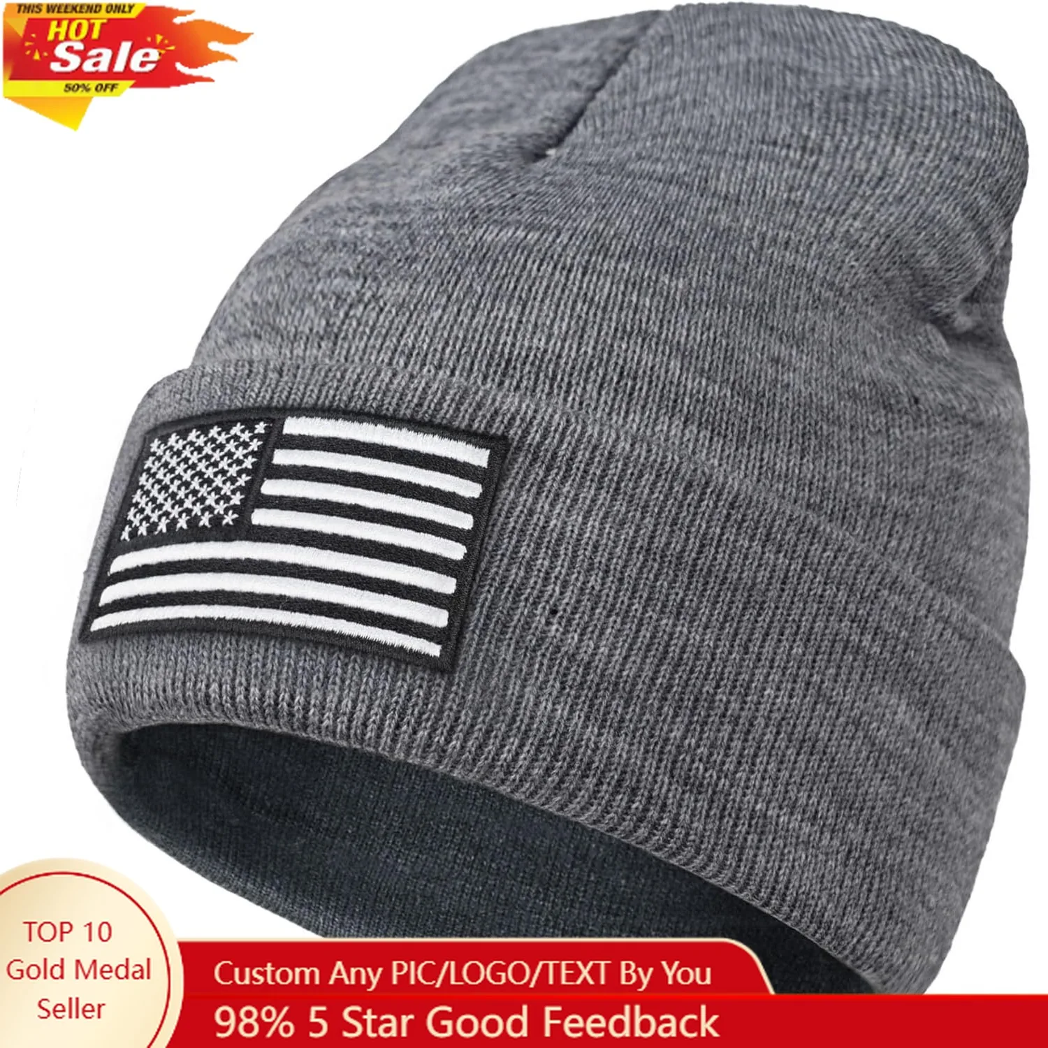 

American Flag Embroidered Beanie Winter Hat for Men Women, Multi-Season Military Tactical Gear Police Army Winter Warm Hat