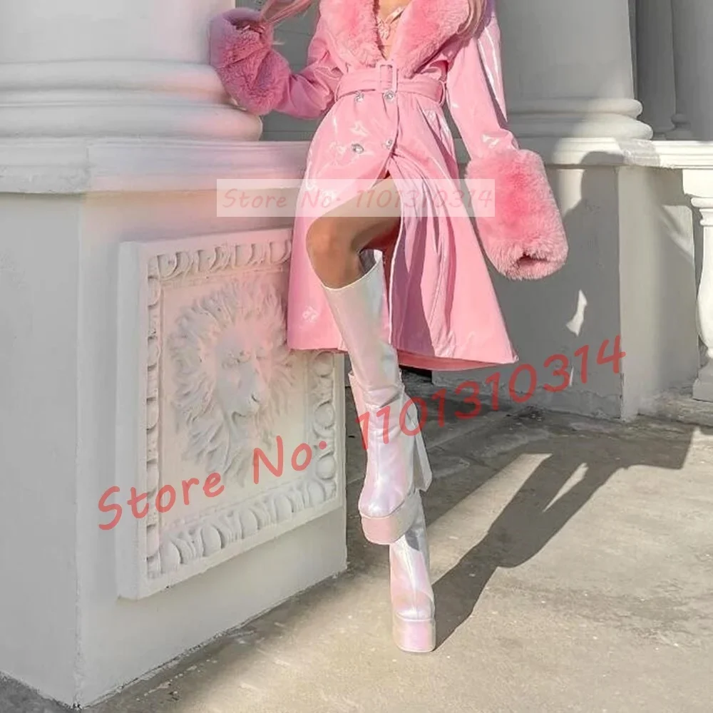 Iridescent White Platform Boots Women Chic Glossy High Chunky Heels Shoes Ladies Winter Street Style Round Tip Knee High Boots - Image 5