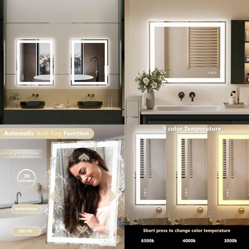 

Зеркало для ванной комнаты со светодиодной подсветкой 40x32, 3-цветное косметическое зеркало с передней/задней подсветкой, закаленное стекло, противотуманное, бесступенчатое затемнение