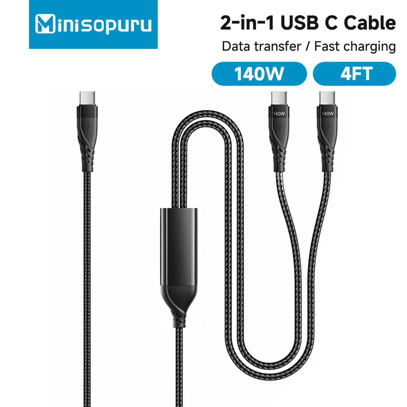 

Minisopuru 2-in-1 USB C Cable Max 140W PD Fast Charging 4ft USB C o Dual USB-C Data cable for iPhone 16 15 Pro Max MacBook