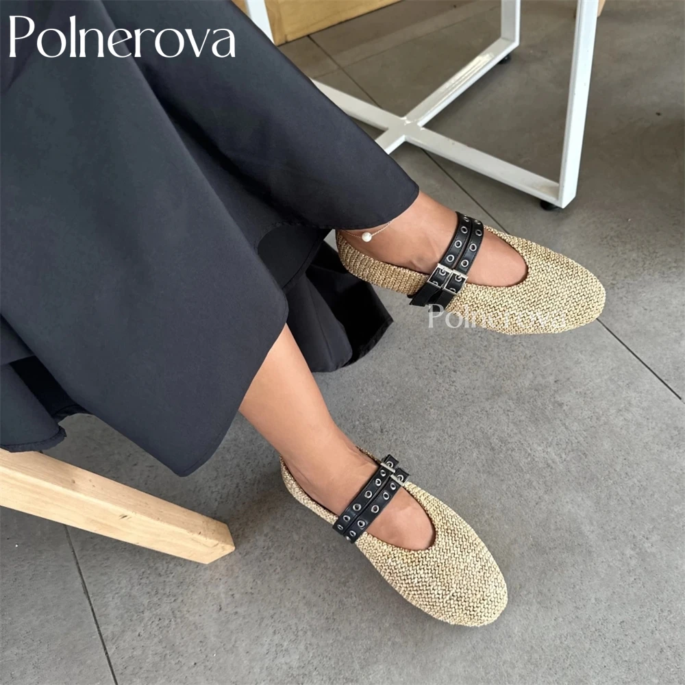 Plain Woven Jute Ballerinas Double Leather Buckle Comfortable Flats Designer Style Round Toe Handmade Shoes for Women in Stock