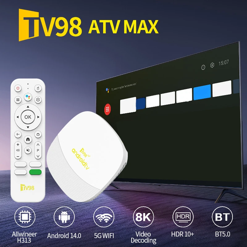 TV98 ATV Max Android 14 Smart TV Box Support 8K Video 4K BT5.0 4G 5G WiFi 6 Allwinner H313 Quad Core Voice Remote TV Box IPTV