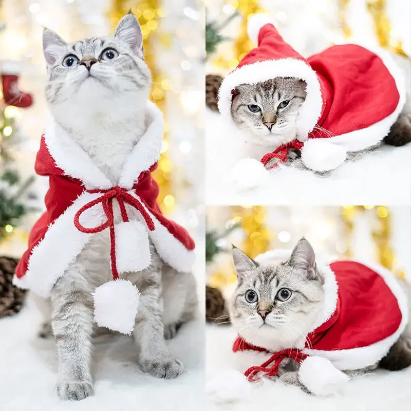 New Year\'s Pet Cat Christmas Cape Cloak Teddy Dog Small Puppy Kitten Autumn and Winter Hat Collar Cat Cosplay Clothes