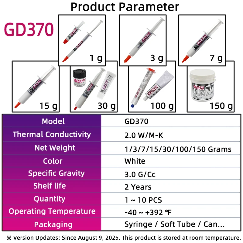Net Weight 1/3/7/15/30/100/150 Grams White GD370 Thermal Conductive Grease Paste Plaster Heat Sink Compound for CPU SSY ST CN HT