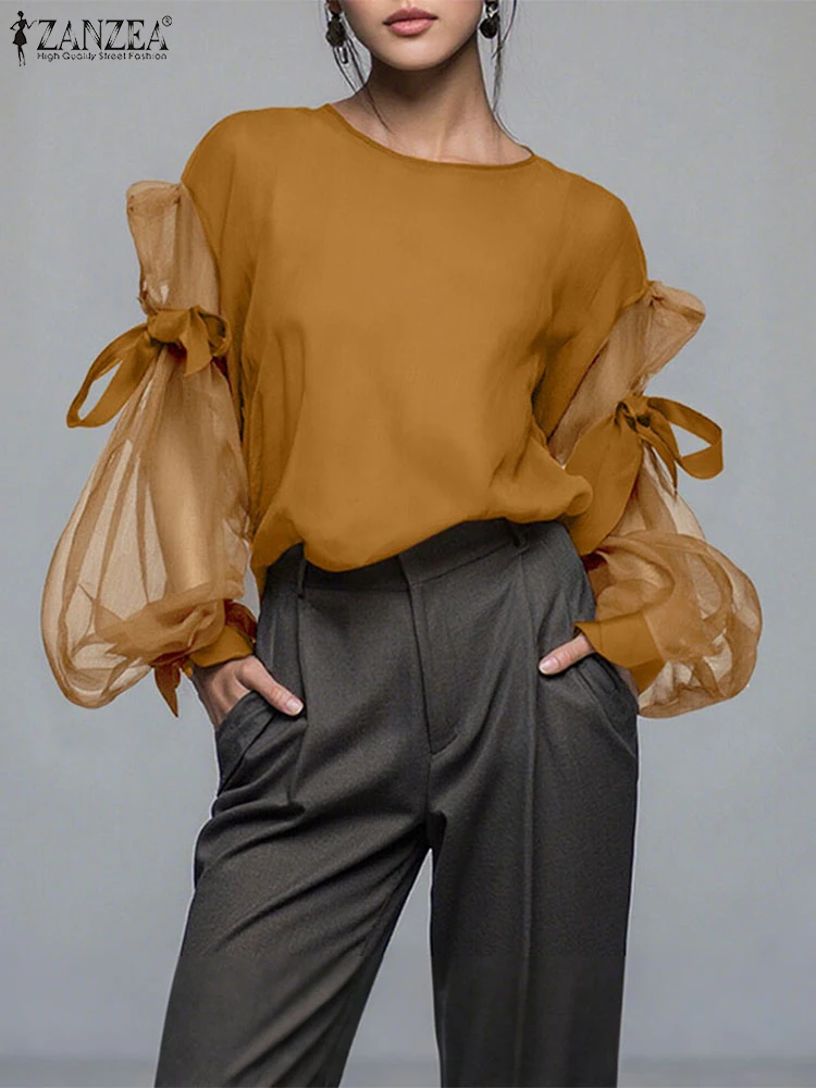 ZANZEA elegante blusa con lazo para mujer 2025 otoño moda malla Patchwork manga larga linterna Casual Tops camisas señoras coreanas Blusas