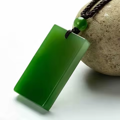Natural Green Jade Rectangular Smooth Necklace Pendant Women Men Genuine Hetian Jades Stone Charms Amulet Gifts For Ladies