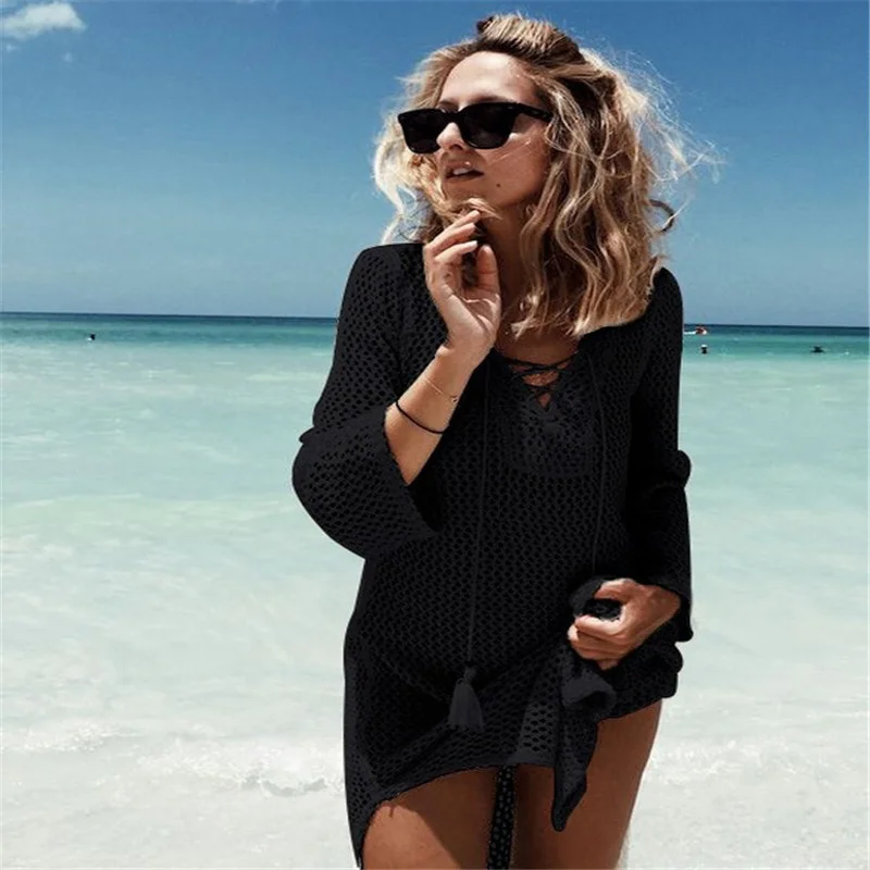 Long Sleeve Lace Up Knit Bikini Cover Up, Sexy Crochet Swimsuit Beach Dress Sarong, Women Swimwear, Summer Bathing Suit Tunic