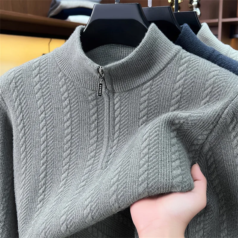 High Quality solid color jacquard men sweater comfort warm knitted thicken winter fashion half zipper stand collar new pullover