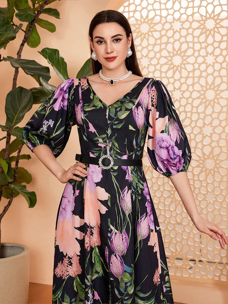 

Fashion Summer Floral Print Abayas Women Short Sleeve Long Dress V-Neck Holiday Sundress Kaftan Dubai Evening Femme Vestidos