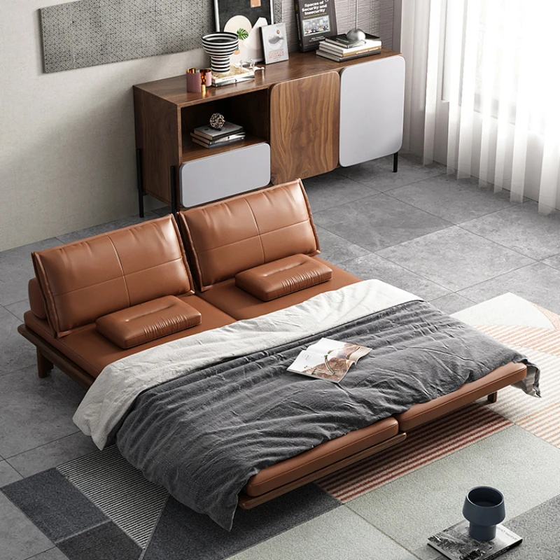 Small unit foldable solid wood sofa bed, living room leather dual-purpose