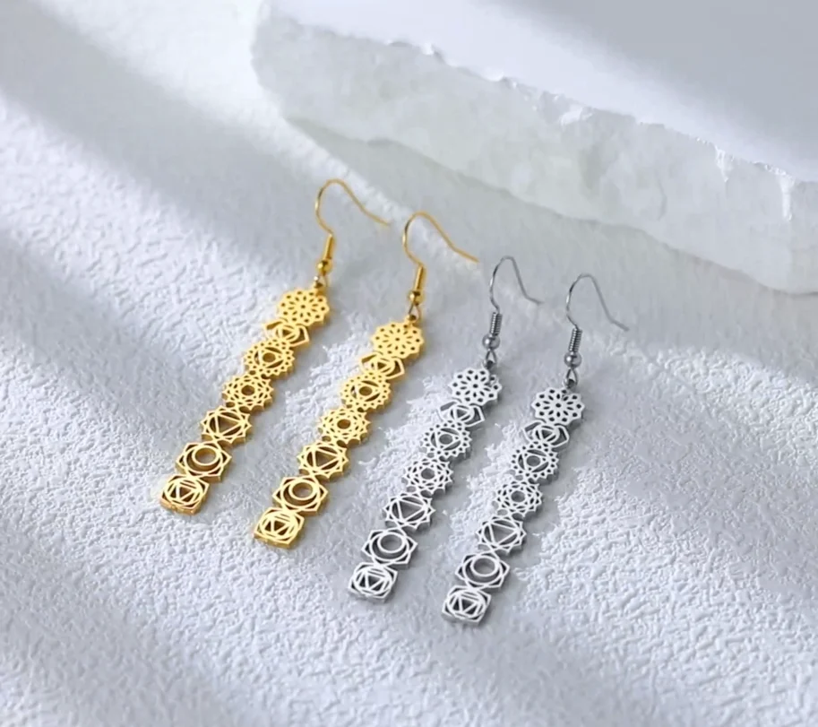 Cazador 7 شقرا زهرة انخفاض الأقراط الطويلة للنساء الفولاذ المقاوم للصدأ اليوغا التأمل مجوهرات أقراط تميمة حماية هدية