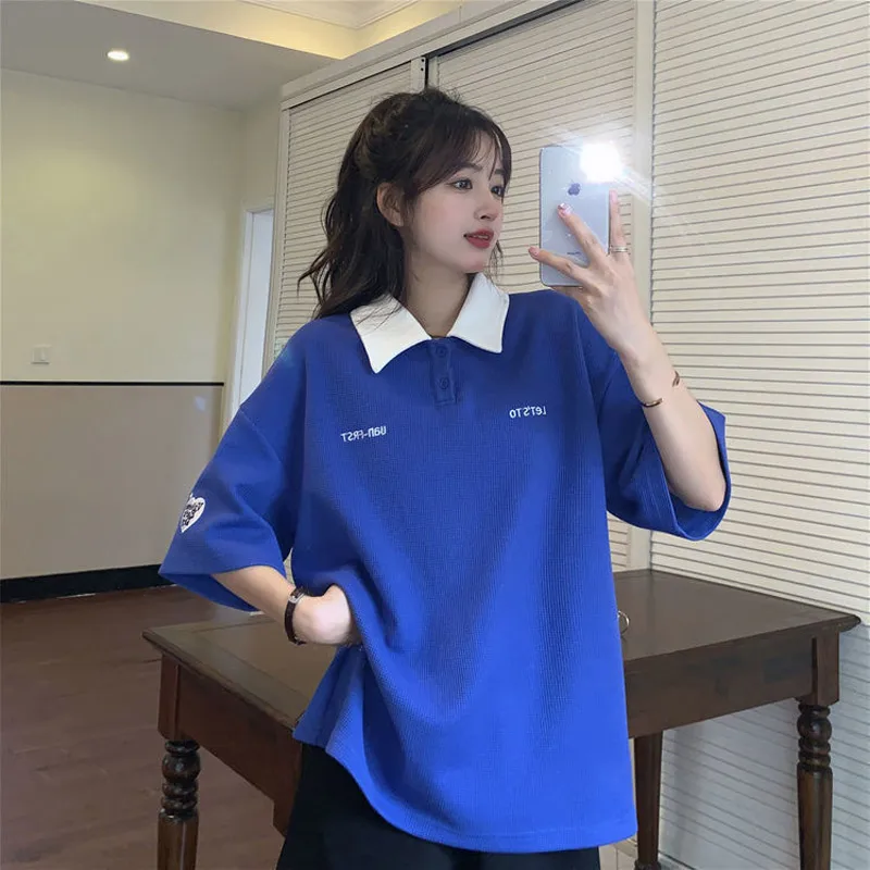 

Summer New Letter Embroidery Casual T Shirt Tops Polo Neck Short Sleeve Loose Pullovers Simplicity Fashion Women Clothing