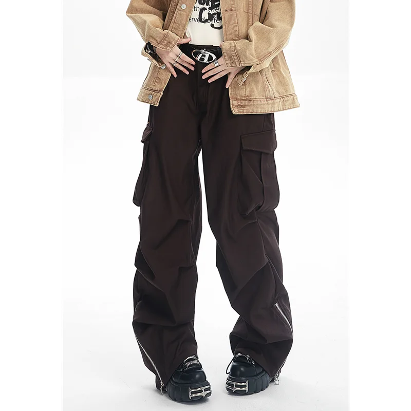 

Women Bottoms Brown Overalls Fashion Vintage High Waist American Baggy Straight Pants Oversized Autumn Mopping Wide Leg Trouser