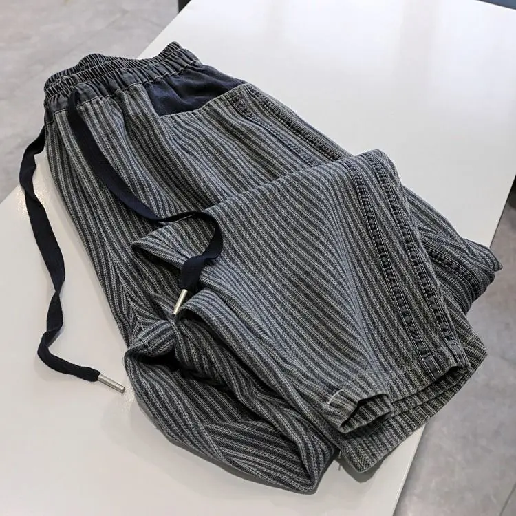 

Свободные мужские повседневные джинсы, осень-зима, большие размеры 300, гонконгские широкие брюки в полоску в стиле ретро, модный бренд