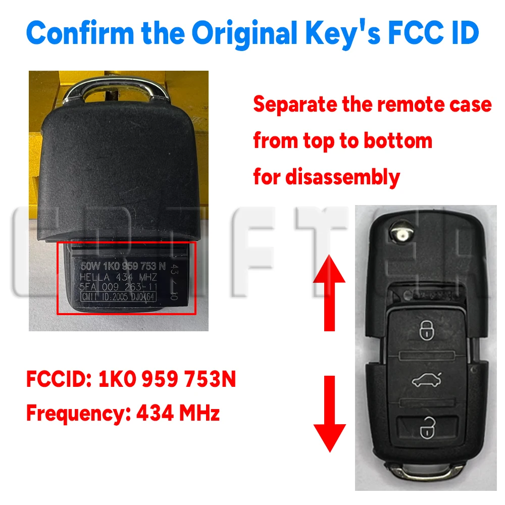 Crafters 1J0959753N/CT/DA/AH 434MHz ID48 CHIP Flip Remote CarKey Per VW VolkSwagen Caddy Passat Golf Polo 1K0959753N/G Chiave Cut
