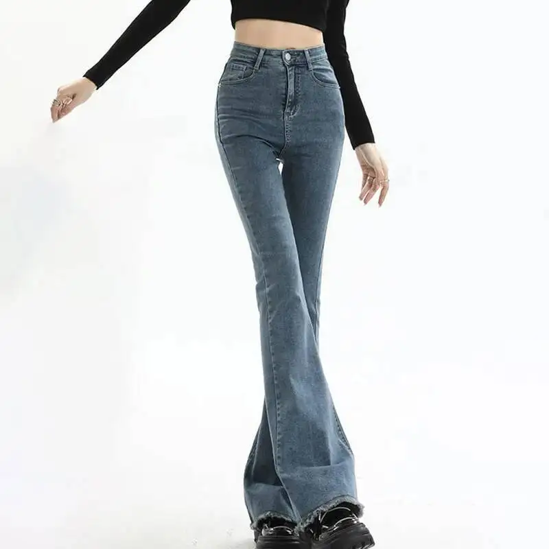 

New Women S High Waist Washed Jeans Autumn Winter Frayed Hem Y K Flare Vintage Versatile Slimming Wide Leg Denim Pants