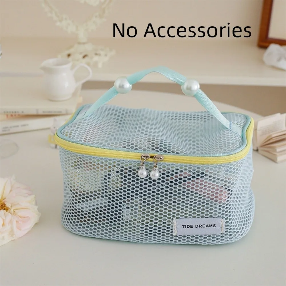 See Through Mesh Cosmetic Bag Large Capacity With Pearl Zipper Travel Toiletry Bag Hanging Rope Portable Makeup Organizer Pouch