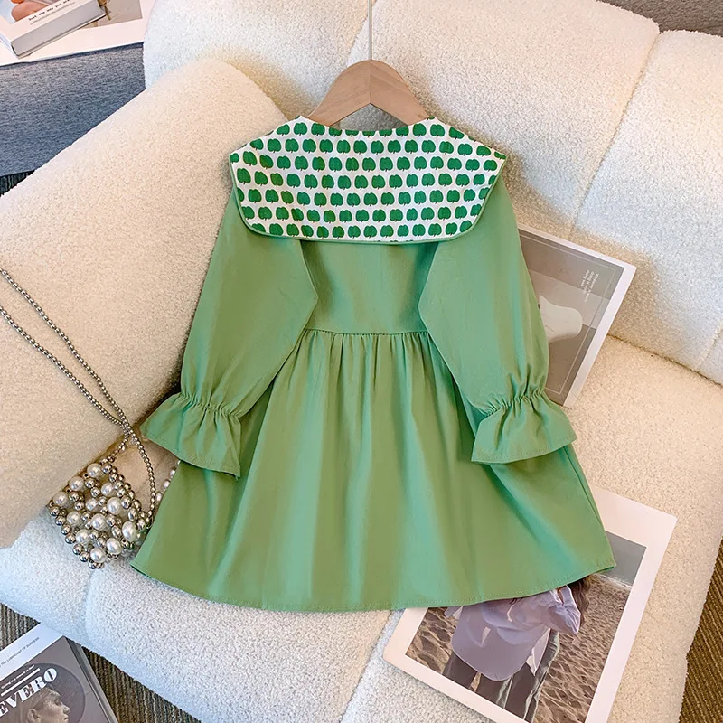 Autumn Dress for Girls Green Apple Flip Baby Girl Skirt Children\'s Clothing Long Sleeve Solid Color Simple Style Princess Dress