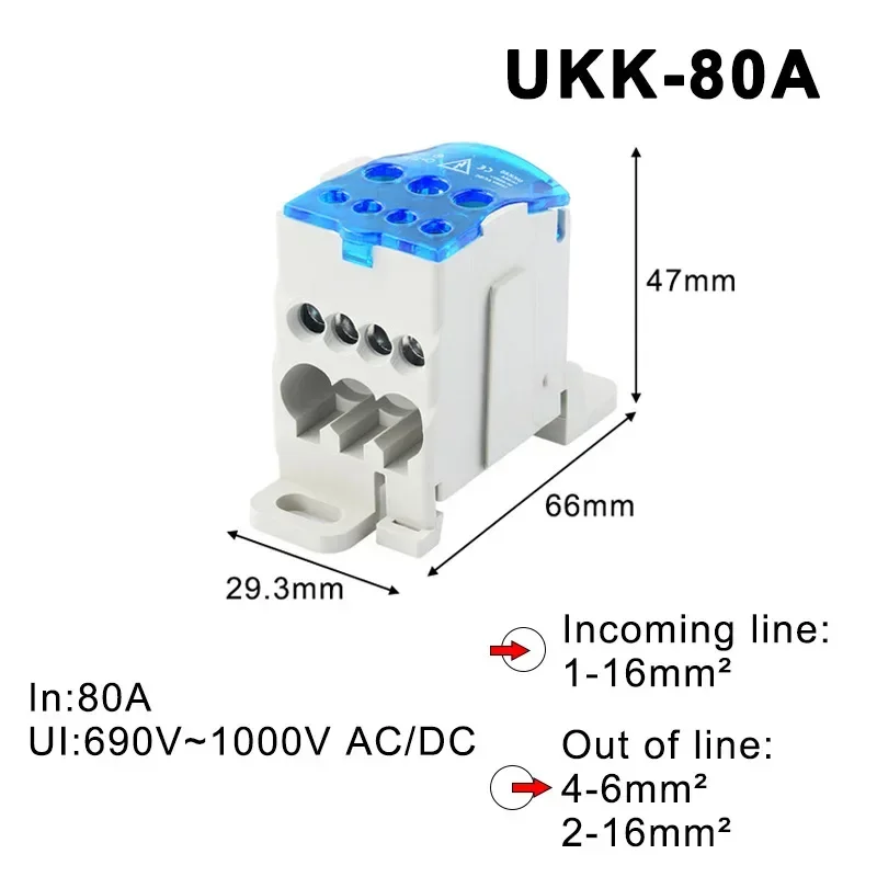 UKK80A 125A 160A 250A 400A 500A Terminal Block 1 in Many Out Din Rail Distribution Box Universal Electric Wire Connector 3