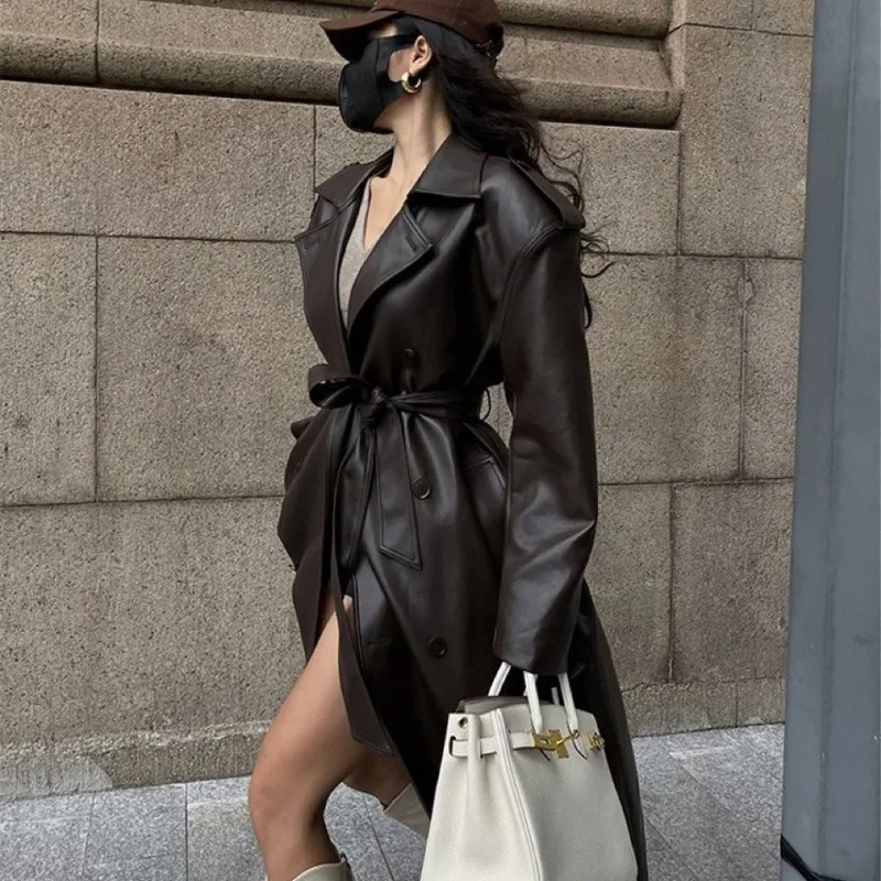 

Black Brown Retro Medium Long Knee Pu Leather Jacket High-end Women's Spring and Autumn New Loose Leather Trench Coat Comfort