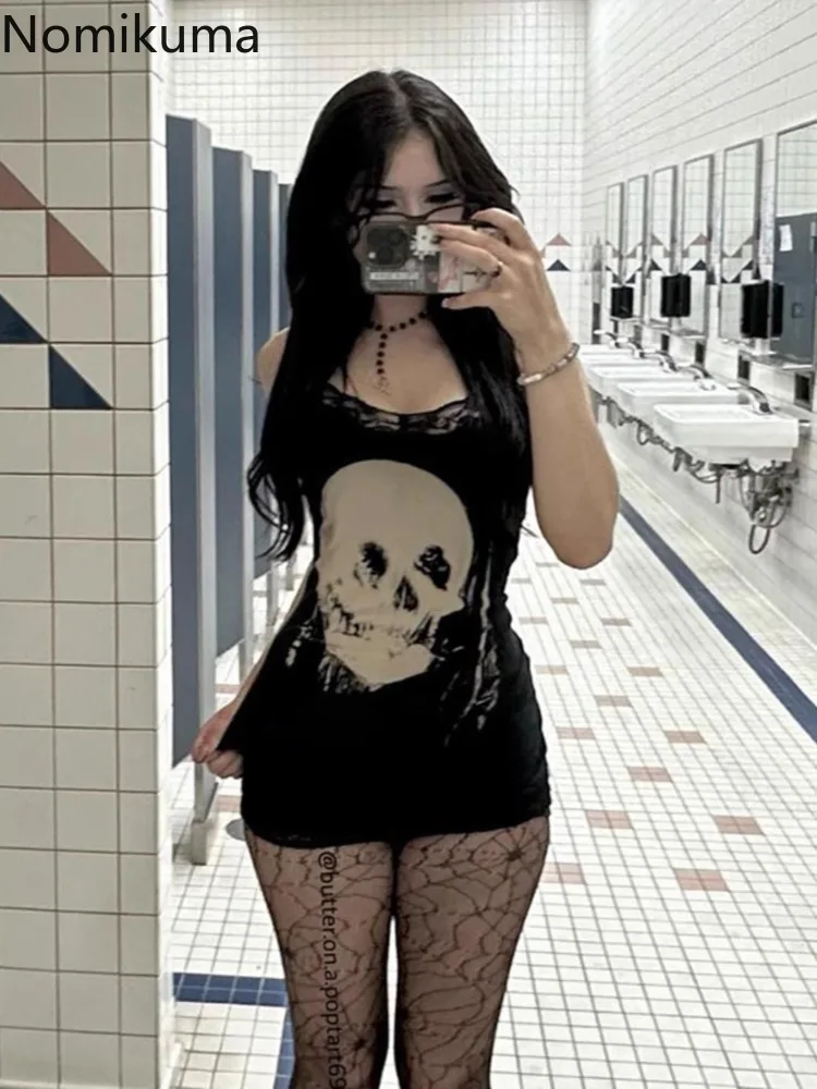 

Harajuku Y2k Mini Dresses Women's Clothes Black Sexy Sling Robe Femme Skull Print Punk Lace Bodycon Dress 2025 Vestidos De Mujer