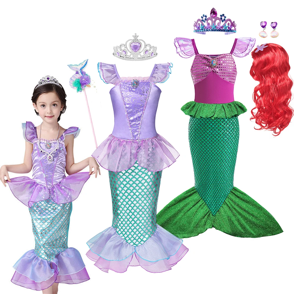 Mermaid Princess Dress for Kids Girl Flying Sleeve Fancy Birthday Carnival Party Costume Summer Purple Clothes Printed Elegant