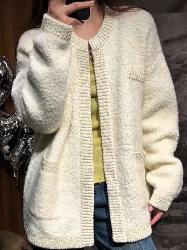 

Lace-Up Knitted Cardigan round Ne Splicing Sle Autumn Winter New Arrival plus Size Slimming Versatile Women's Camere Sw...