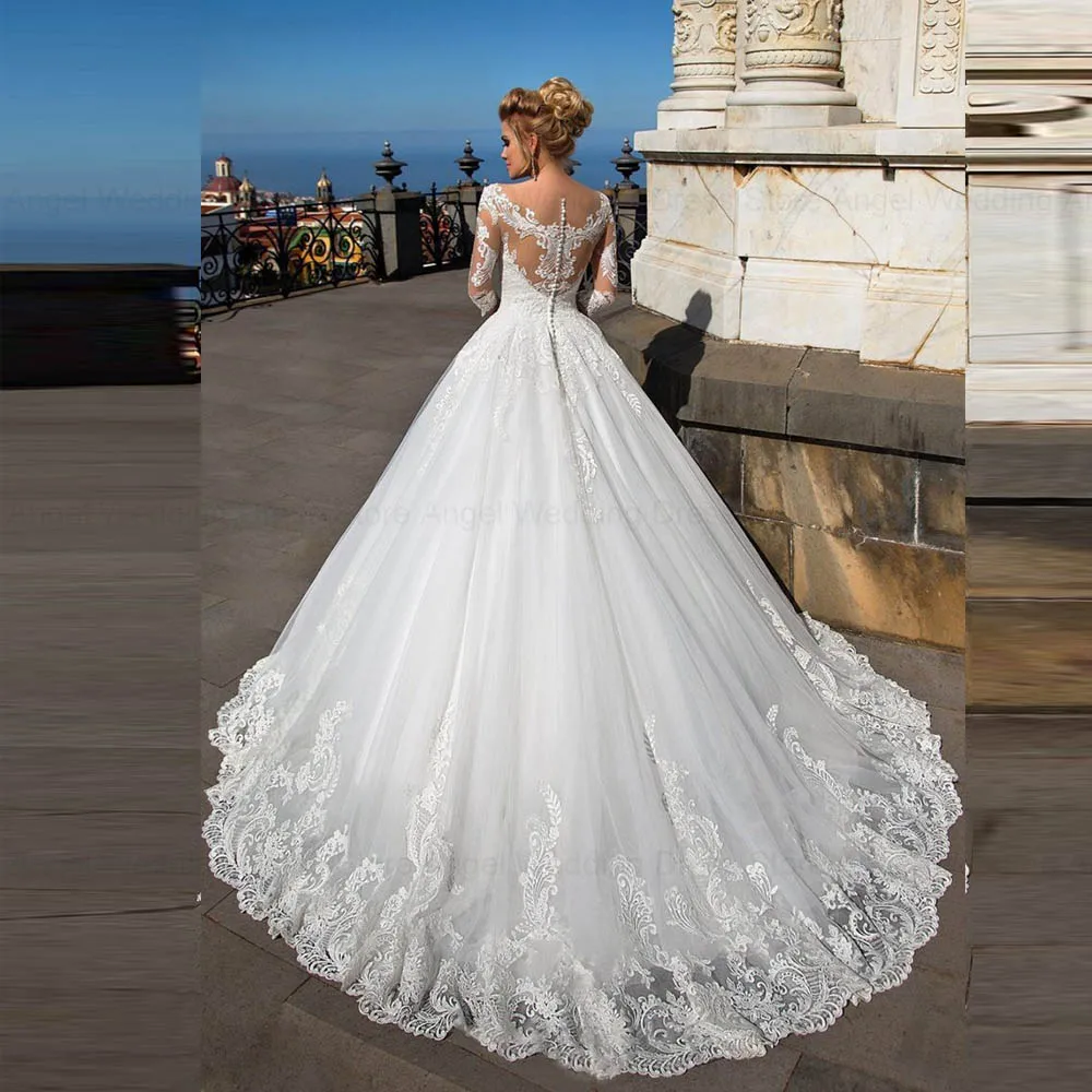 ANGEL Civil Wedding Dress Scoop 3/4 Sleeves Illusion Bride Gowns Lace Applique A-Line Tulle Exquisite vestidos de novia