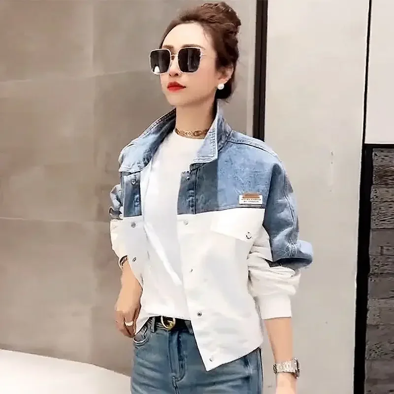 Woman Jean Coat Outerwear Patchwork Biker Small Mix Color Short Spring Autumn Blue Denim Jacket for Women Crop Designer Vintage