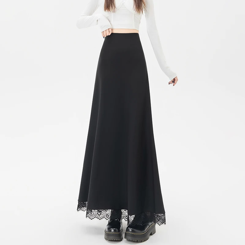 Zwarte kleur Eenvoudige half-body rokken Vrouwelijke hoog getailleerde A-lijn lange rok Woon-werkstijl Chique ontwerp Kanten rokken voor dames