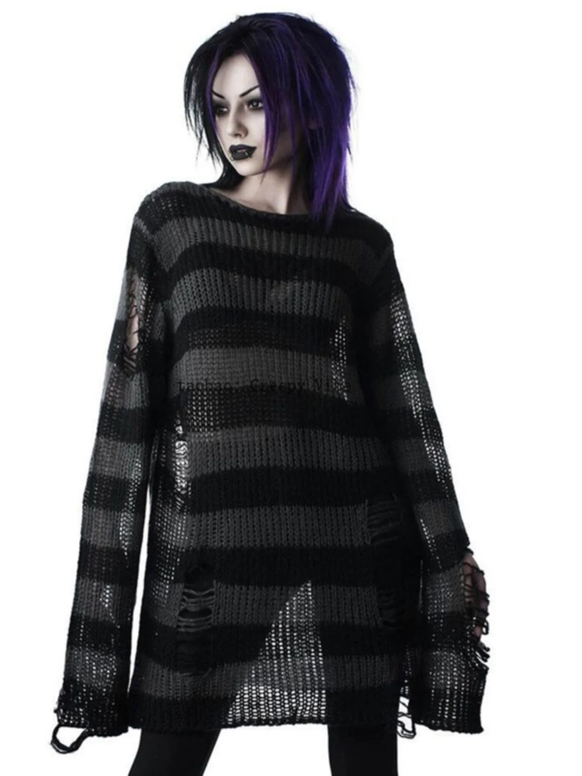 

Готический k модный свободный полосатый мужской женский рваный эластичный нейтральный панк средней длины вязаный свитер уличный Sle хлопок