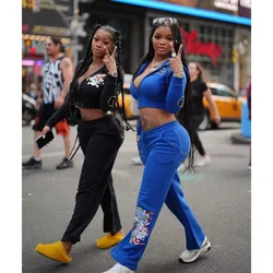 Women Hip Hop Black Hoodie Sweatpant Autumn Winter Bestie Y2k Blue Zipper Short Cardigan High Waist Straight Pants Two Piece Set