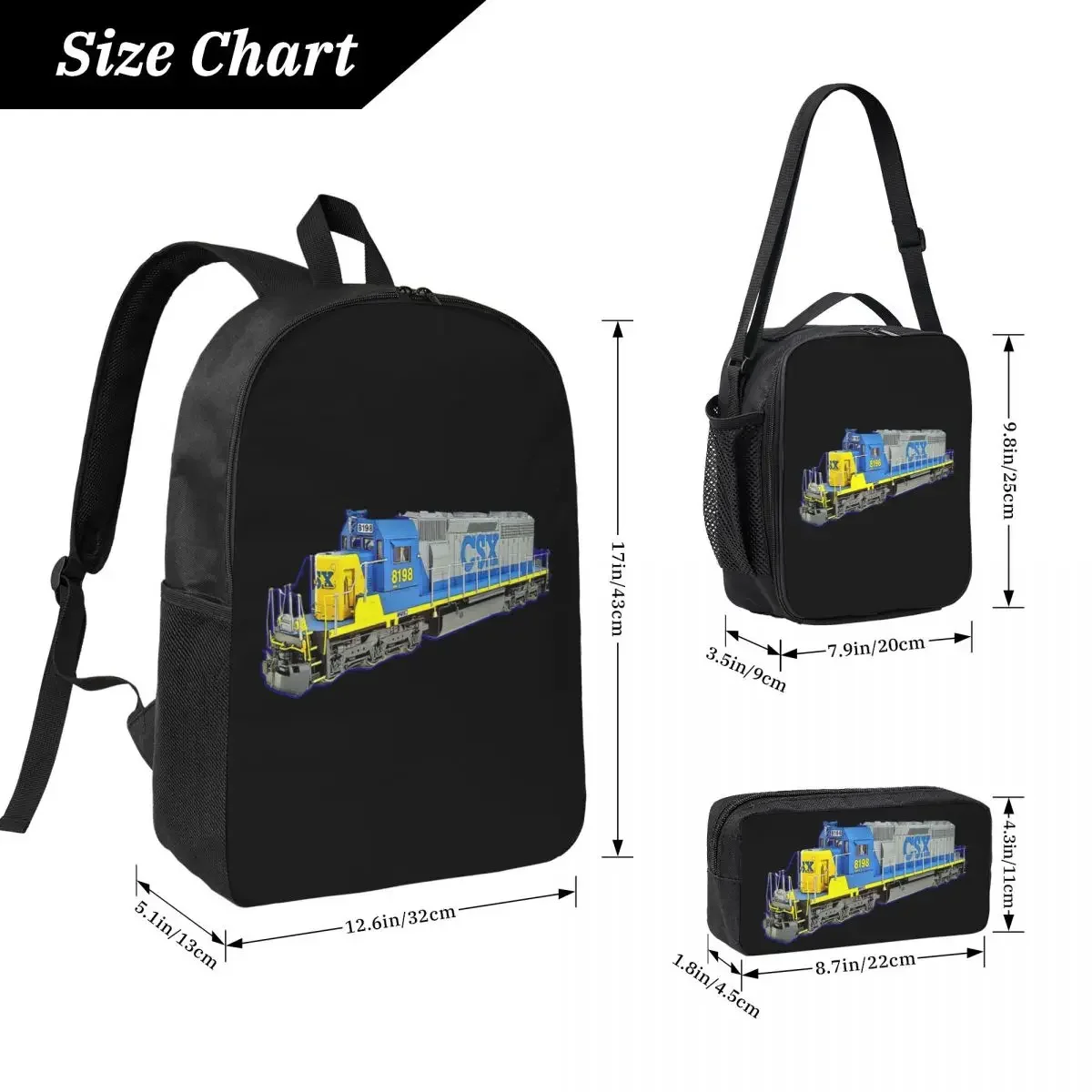 Freight Train CSX Engine Backpack Boys Girls BookBag School Bag Computer Shoulder Bags 3ps Insulated Lunch Bag Pencil Case