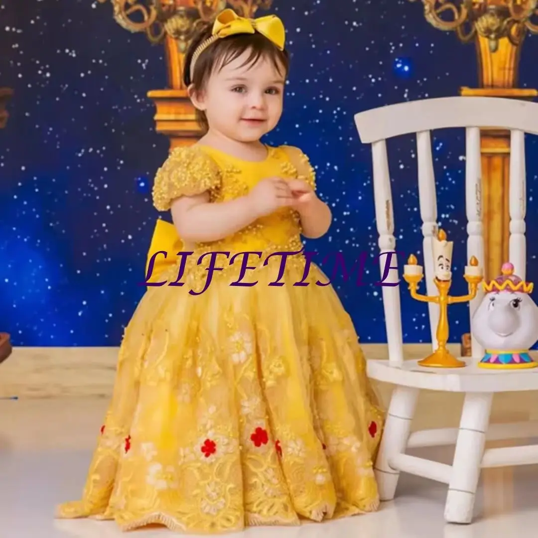 

Luxury Applique Wedding Party Dress Beading Flower Girl Dress Short Sleeve Long Ball First Communion Dress Customized New