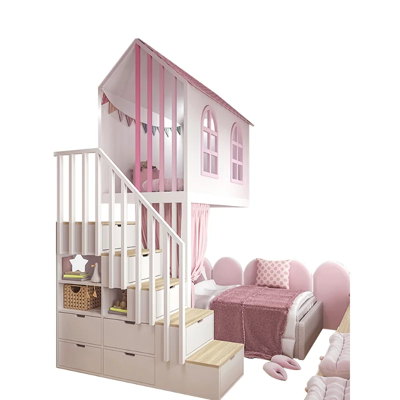 Solid wood princess bed pink upholstery light luxury staggered bed on and off the bed