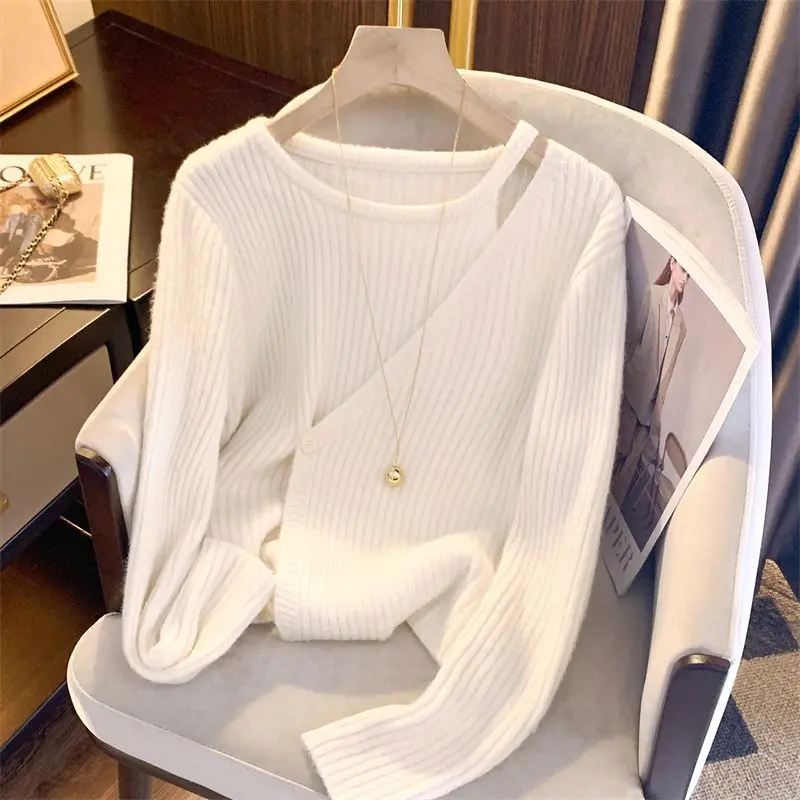 Spring Autumn New Hollow Out Solid Knitting Pullovers Long Sleeve O-Neck Button Sweaters Fashion Temperament Women Clothes S-2XL