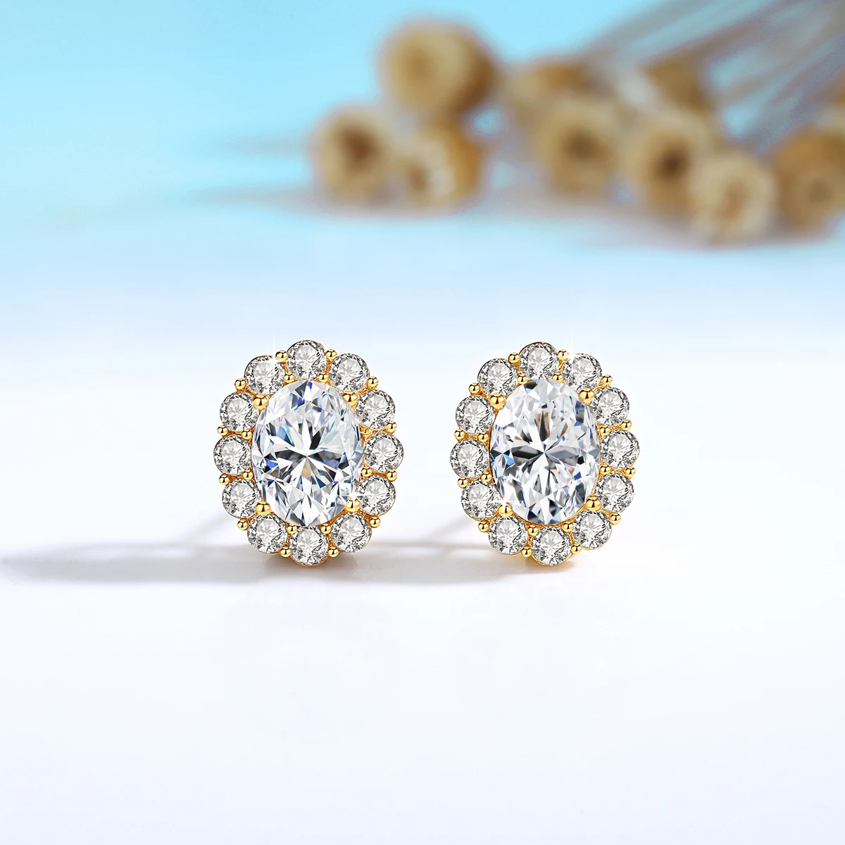 Full Moissanite 14k Gold Earrings for Women Queen's Stud Earrings Oval Cut 1.5ct 2pcs Moissanite Sunflower Bridal Fine Jewelry