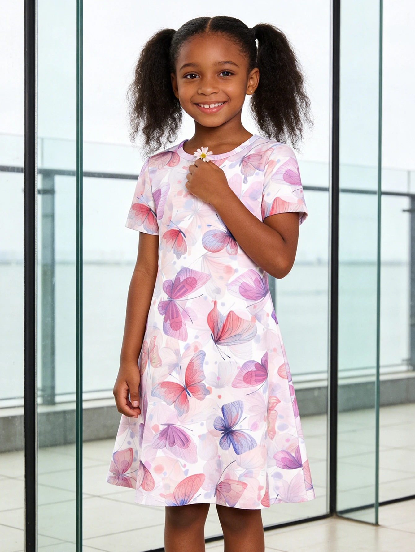 

2026 Kids Pink Purple Watercolor Butterfly Print Summer Short Sleeve Dress
