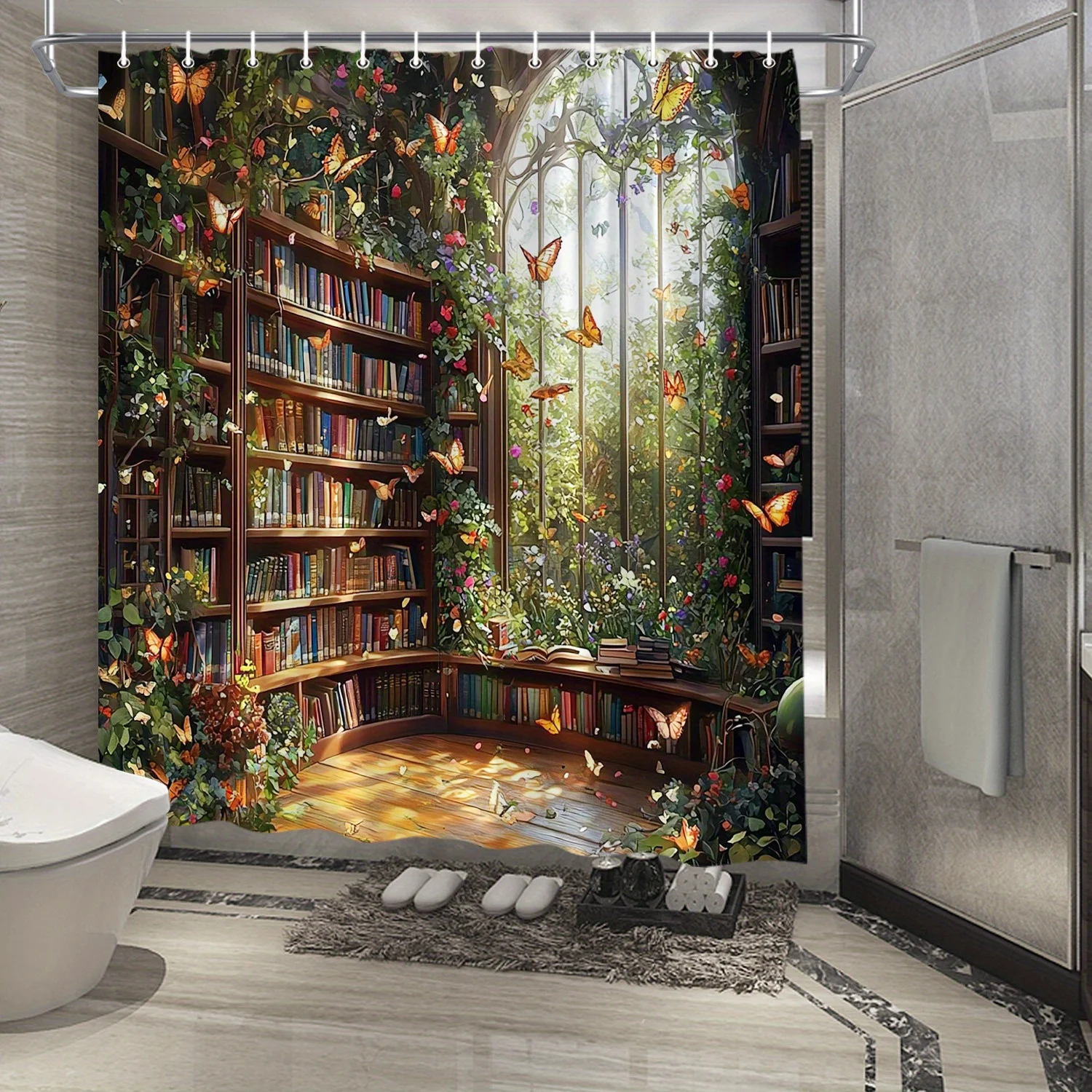 Enchanted Library with Butterflies Waterproof Shower Curtain for Bathroom Decor, Modern Art Design, Vibrant Colors