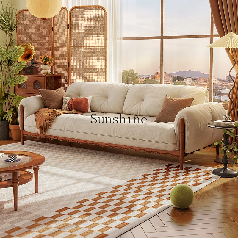 French solid wood living room household small apartment simple modern cream wind cloud straight row sofa