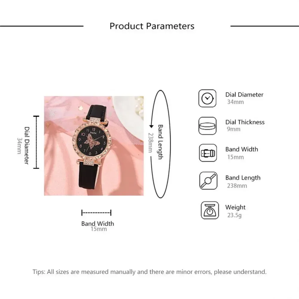 Women Fashion Watch 2 PCS Set Quartz Wristwatch Luxury Crystal Rhinestone Pearl Quartz Watches Butterfly Watches Bracelet Set