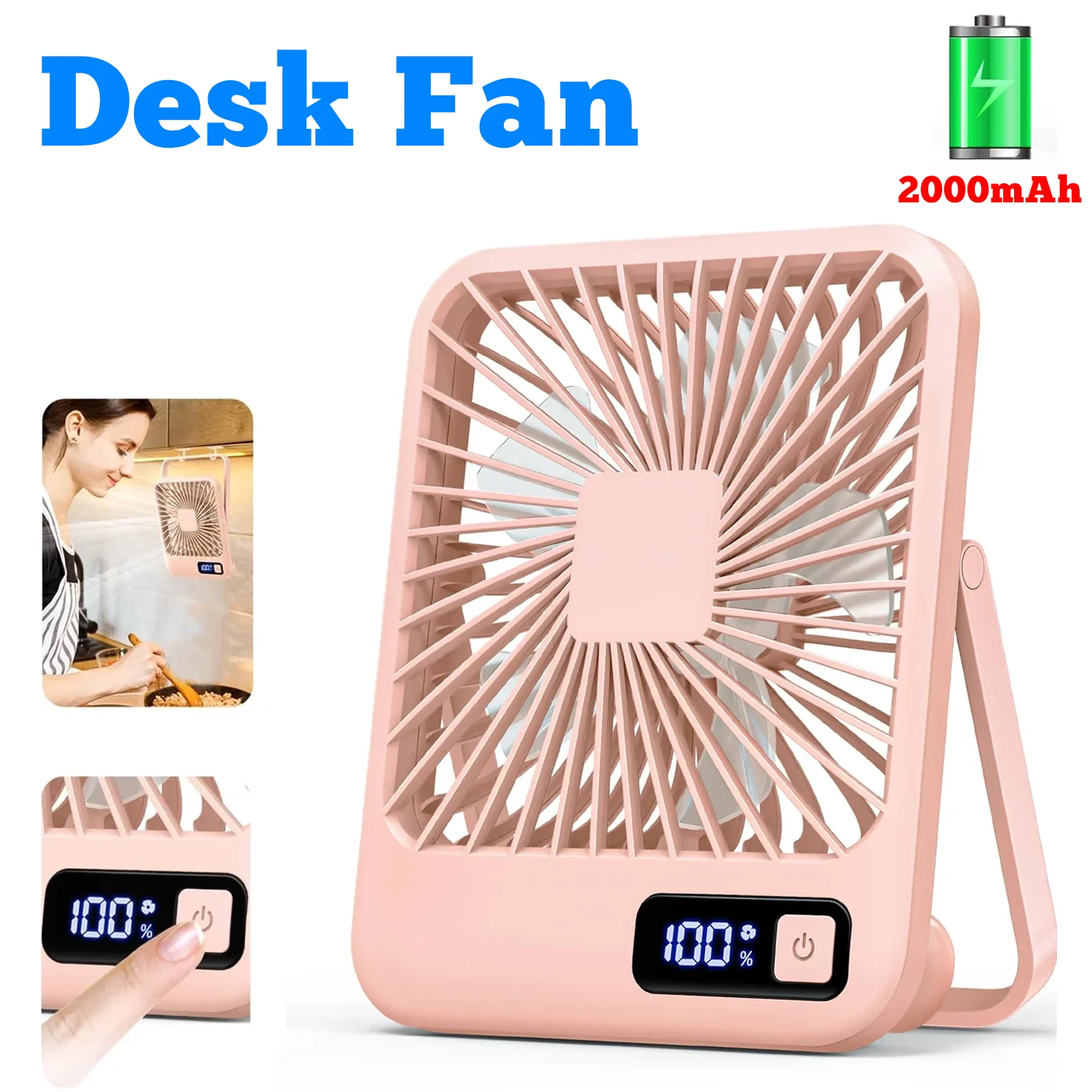 

2000mah Rechargeable Desk Fan Portable 180° Folding Digital Display Fan 5 Speeds Adjustable Powerful Wind Quiet Fan For Office