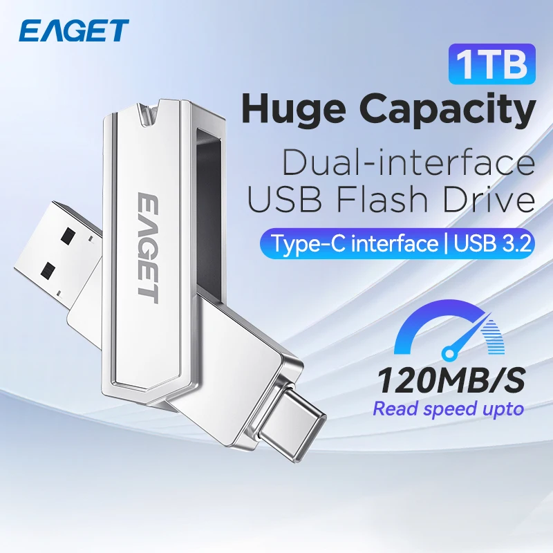 Eaget 2 in 1 USB Pendrive 32G 64G 128G 512G 1TB USB Flah Drive Pen Dirve USB A&Type C Interface 120Mb/s Usb Memory Stick