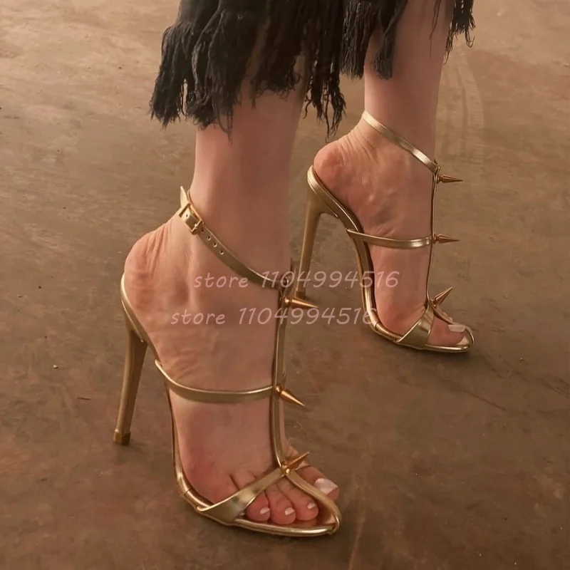 الذهب المسامير T-حزام Slingback رقيقة عالية الكعب النساء المفتوحة تو مشبك حزام الصنادل جوفاء موضة العصرية صنادل طراز جلاديتور الحفلات #2