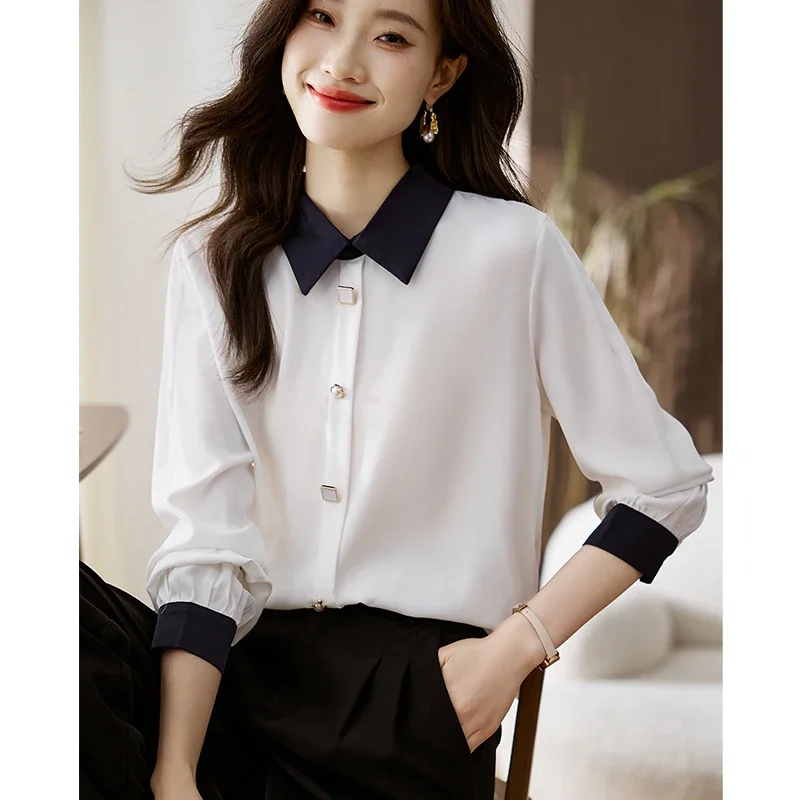 Spring  Autumn New Women's Solid Color Long Sleeve Thin White Chiffon Shirt Tops Blouse