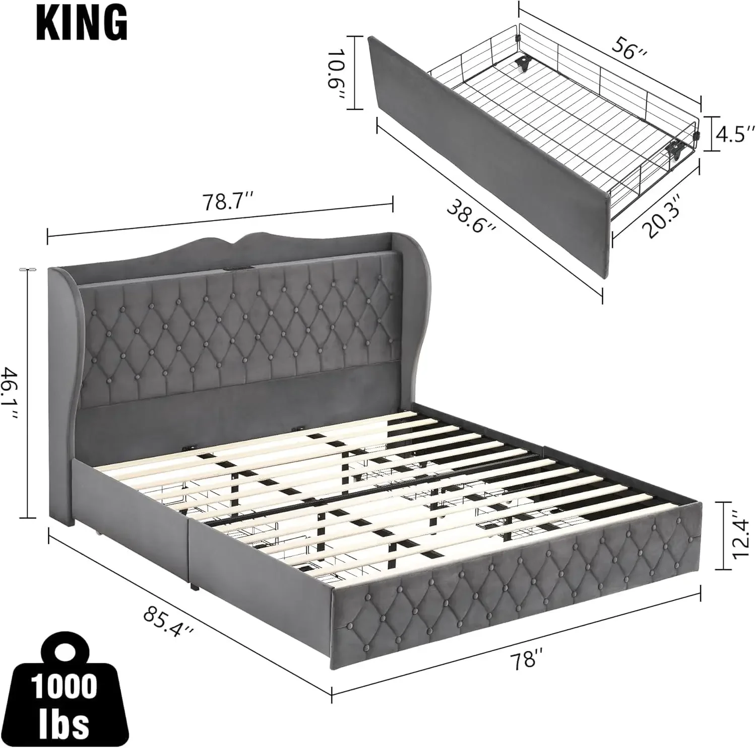 Bed Frame, 4 Storage Drawers and Charging Station Velvet Upholstered Bed with Tall Headboard and Storage Shelf, Bedroom Furnture