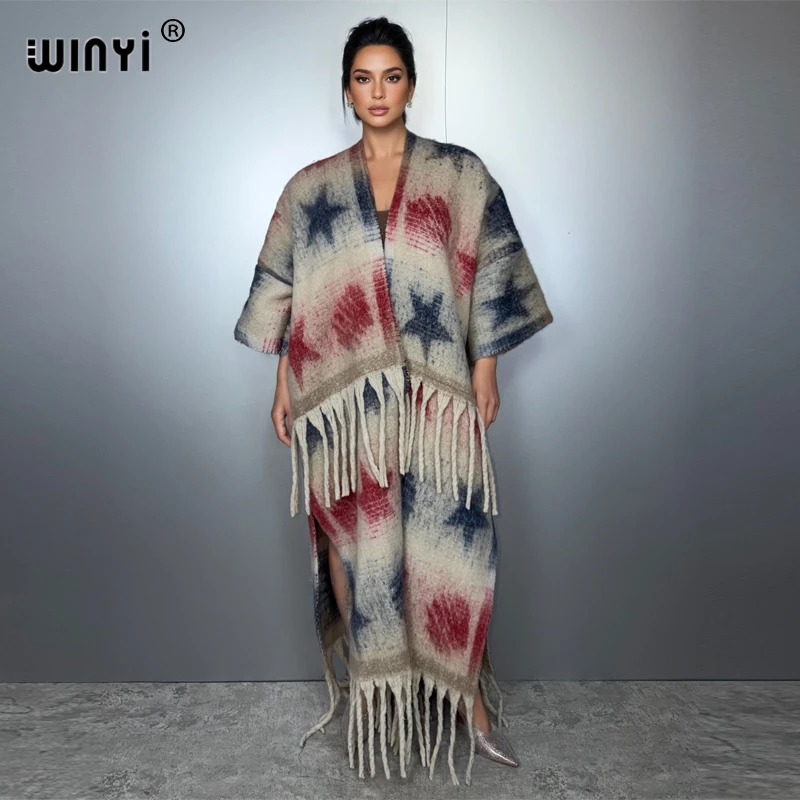 

WINYI winter cardigan coat for women print tassel kaftan Luxury Long Fur Loose OverCoat Thick Warm long down coat fashion kimono